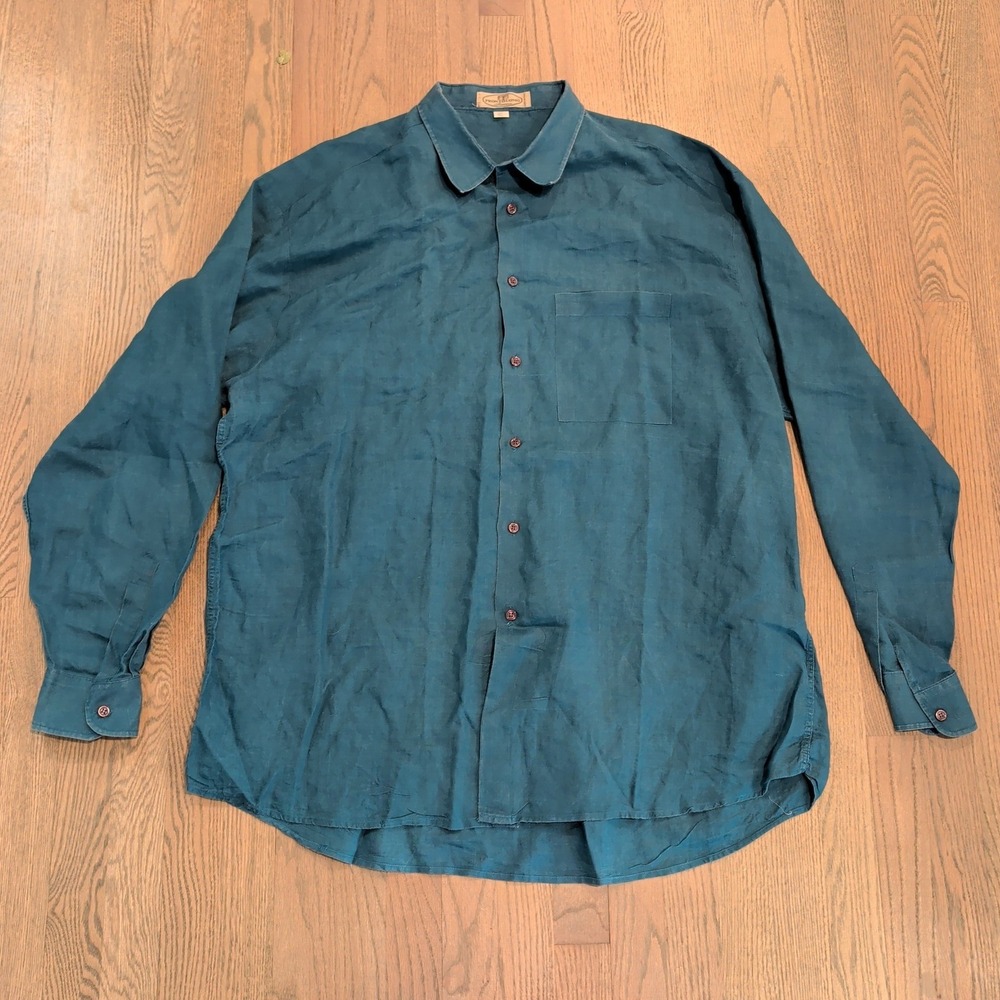 Pronto Uomo Mens 2XT Tall Teal Blue 100% Linen Button Down Shirt Made in Italy